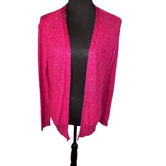 Metaphor Women’s Size XL Festive Fuchsia Sequin Open Knit Y2K Cardigan Sweater - Picture 1 of 7